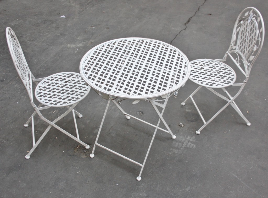 Bistro Set weiß Eisen Tisch und 2x Stuhl Bistroset Gartenstuhl Metall